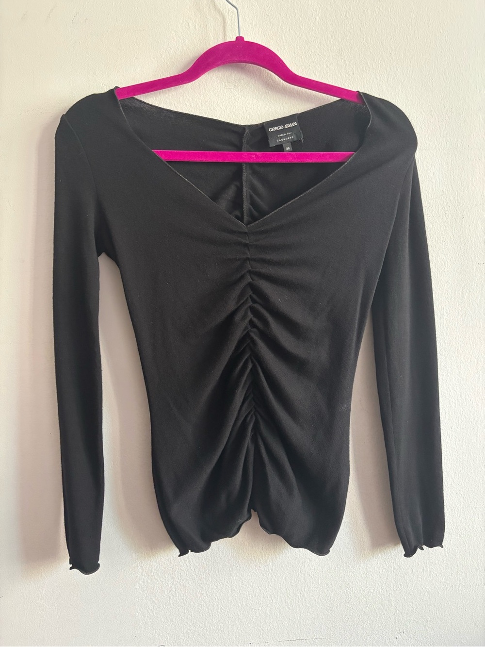 Giorgio Armani Black Cashmere Ruched V-Neck Long Sleeve Top